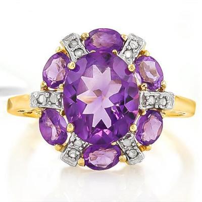 Excellent 2.39 Carat Amethyst and 6 pieces of Amethyst, 10k Solid Yellow Gold Ring. This Amethyst and Diamond gold ring is a wonderful example of great craftmanship and design, very eye catching.