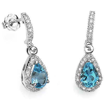 Beautiful 1.69 Ct London Blue Topaz & 48 Pcs White Diamond 10k Solid White Gold Earrings, for pierced ears