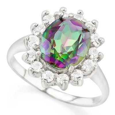 A superbly made and absolutely stunning oval cut 2.5 Carat Mystic Topaz Gemstone and 0.6 Carat (14 pieces) round cut Genuine White Topaz Solid 925 Sterling Silver Ring