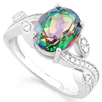 A superbly made and absolutely stunning oval cut 2.683 Carat Mystic Topaz Gemstone and 0. 012 Carat (2 pieces) round cut Genuine White Diamond Solid 925 Sterling Silver Trilogy Ring.