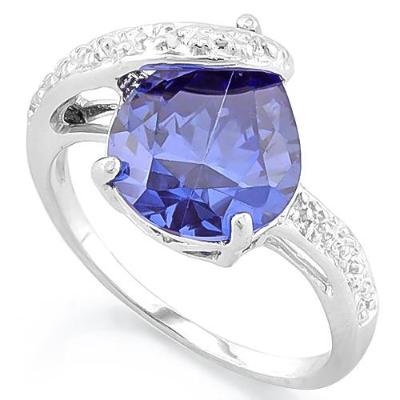 A truly amazing 5.10 carat High Quality Lab Created Pear Cut Tanzanite and Two Genuine Round Cut White Diamonds, Solid 925 Sterling Silver Ring