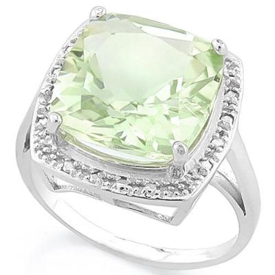 An stunning 5 Carat Cushion Cut Genuine Green Amethyst and two Round Cut Genuine White Diamonds Solid 925 Sterling Silver Ring.