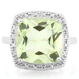 An stunning 5 Carat Cushion Cut Genuine Green Amethyst and two Round Cut Genuine White Diamonds Solid 925 Sterling Silver Ring.