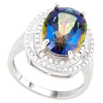 A thundering 6.20 Carat Oval Cut Ocean Mystic Topaz and Round Cut Genuine Diamonds on a Solid Sterling Silver Ring.