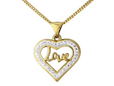 A Beautiful Heart Shaped 9ct Solid Yellow Gold Pendant with LOVE written across the crystal encrusted heart, on a 18" Solid Yellow Gold Chain