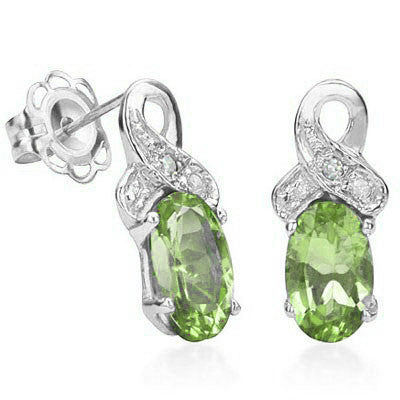 Stunning Peridot and Diamond Sterling Silver Stud Earrings for pierced ears