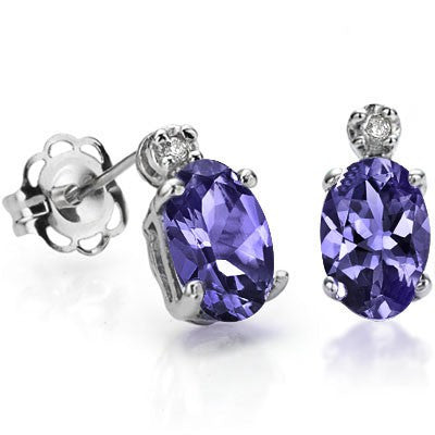 1.28 Carat (TW) Oval cut Lolite and Round Cut Diamond, Sterling Silver Stud Earrings