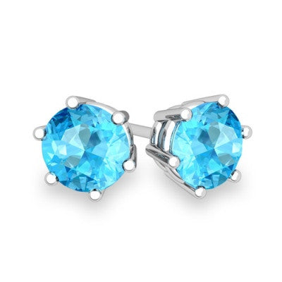 Eye catching, brilliant 8mm diameter, Round Cut, 4.72 carat (total weight) blue Topaz, Platinum over 925 Sterling Silver 6 prong Stud Earrings for pierced ears.