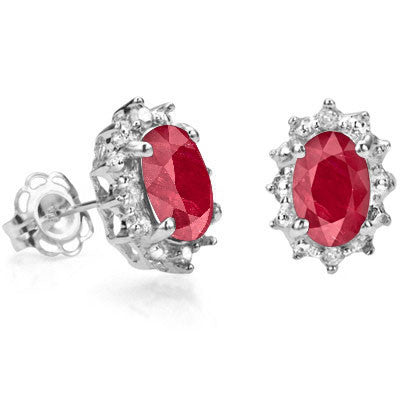 Beautiful oval cut cardinal red ruby surrounded by fine diamonds, sterling silver stud earrings
