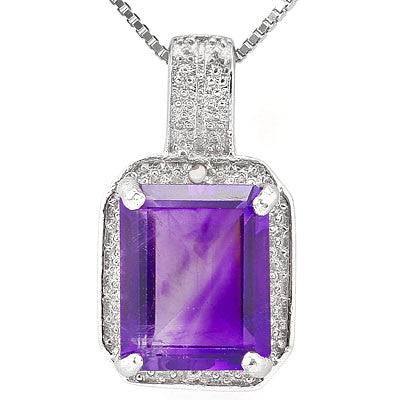 Charming 3.01 Carat Emerald Cut Amethyst and two small Genuine Diamonds mounted on a 925 Sterling Silver Pendant.
