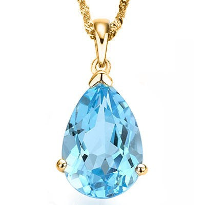 6.0 Ct Genuine Blue Topaz Pear Cut 10K Yellow Gold Pendant with free matching chain