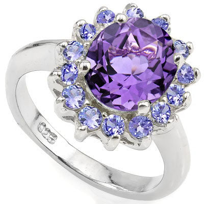 A lovely 2 1/4 Carat Oval Cut Amethyst and 1/2 Carat (14 Pcs) Round Cut Tanzanite Solid Sterling Silver Ring