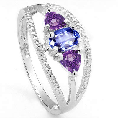A really nice 0.983 Carat (Total Weight) 5 pieces of Genuine Oval Cut Tanzanite, Trillion Cut Amethyst and Round Cut Genuine Diamonds, Platinum over 925 Sterling Silver Ring.