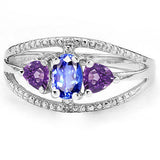 A really nice 0.983 Carat (Total Weight) 5 pieces of Genuine Oval Cut Tanzanite, Trillion Cut Amethyst and Round Cut Genuine Diamonds, Platinum over 925 Sterling Silver Ring.