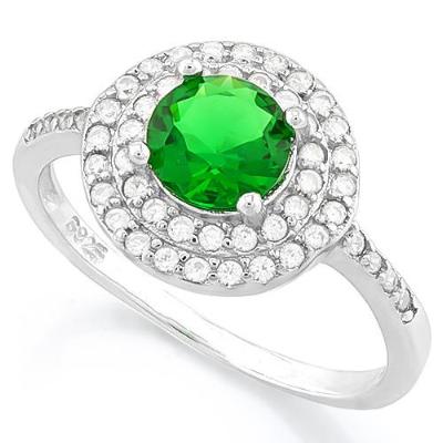 1 1/3 Ct Created Emerald & 1/2 Ct (47 Pcs) Created Diamond Halo Ring