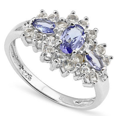 Stunning Tanzanite, white topaz and diamond sterling silver ring