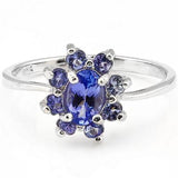 A close up of the Tanzanite Flower, Solid Silver Ring. Giving a clear image and stunning colour of the Tanzanite Ring