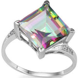 A really beautiful 5.13 carat Square Cut Mystic Topaz and 2  Round Cut Genuine White Diamonds, Platinum over 925 Sterling Silver Ring.