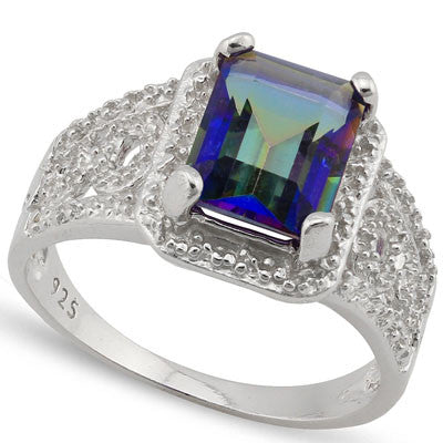 A stunningly eye catching 2.06 ct Emerald Cut Ocean Mystic Topaz & four Round Cut Genuine White Diamonds on a Solid  925 Sterling Silver Ring.