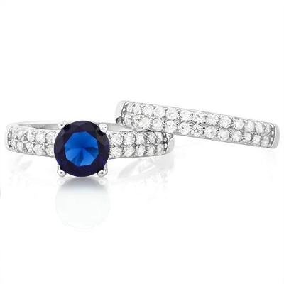 1 1/3 Ct Created Blue Sapphire & Created Diamond Silver Halo Ring