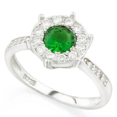 1 Ct Created Emerald and 1/4 ct (24pcs) Created Diamond 925 Sterling Silver Halo Ring