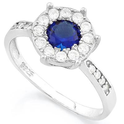 1 Ct Created Blue Sapphire & 1/4 Ct (24 Pcs) Created Diamond Halo Ring