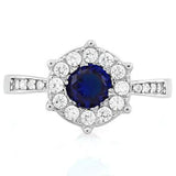 1 Ct Created Blue Sapphire & 1/4 Ct (24 Pcs) Created Diamond Halo Ring