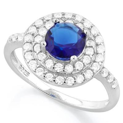 1 1/3 Ct Created Blue Sapphire & 1/2 Ct Created Diamond Silver Halo Ring