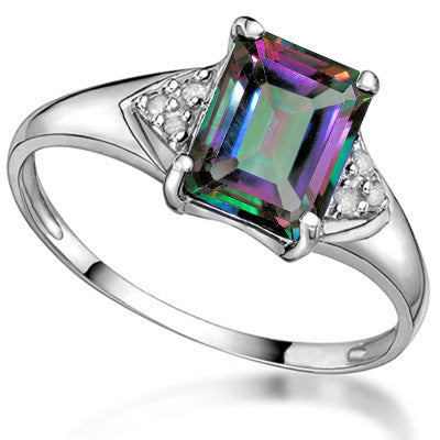 A totally stunning 1.40 Carat Emerald Cut Magical Rainbow Mystic Topaz and 6 Round Cut Sparkling White Diamonds on a 10K Solid White Gold Solitaire Ring with accents.