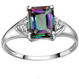 A totally stunning 1.40 Carat Emerald Cut Magical Rainbow Mystic Topaz and 6 Round Cut Sparkling White Diamonds on a 10K Solid White Gold Solitaire Ring with accents.