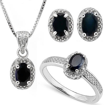 A beautiful Sapphire and Diamond, Solid Sterling Silver Jewellery Set, comprising of a nice pair of Stud Earrings, Ring, Pendant and matching 18" Chain.