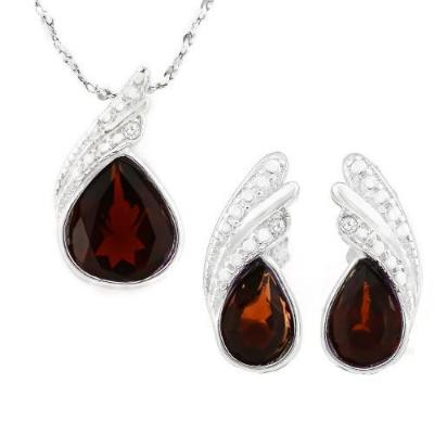 A beautiful Garnet and Diamond Solid Sterling Silver Jewellery Set, comprising of a nice pair of Stud Earrings, Pendant and matching 18" Chain. A whooping 2 1/5 Carat (Total Weight) Garnet, 925 Solid Sterling Silver Jewellery Set.