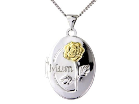 Sterling Silver 9ct Yellow Oval Mum Locket With 18"/45cm Chain. The front of the locket features the word 'Mum' inscribed on the left side, and an embossed rose design with a 9ct Yellow Gold flower.