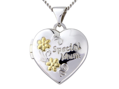 Sterling Silver 9ct Yellow Heart Shaped "Special Mum" Locket With 18"/45cm Chain